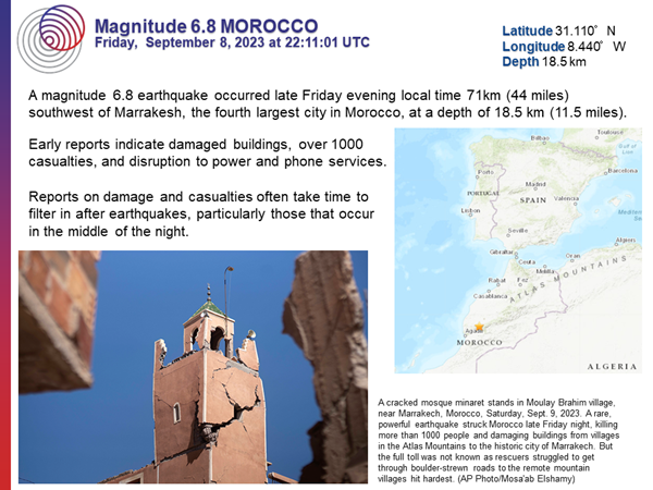 Teaching Resources: M6.8 Morocco Recent Earthquake - Educators Pick Best of STEM Awards A slide from the M6.8 Morocco Recent Earthquake Teachable Moments presentation. It shows a map of the epicenter location in northern Africa.